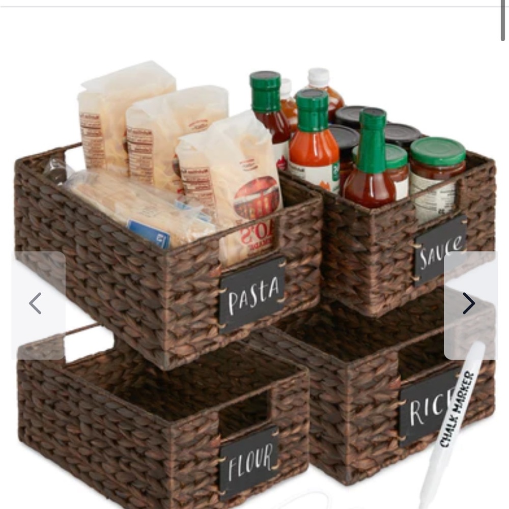 Set of 4 Water Hyacinth Pantry Baskets w/ Chalkboard, Marker - 12in